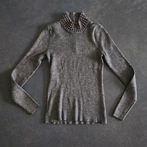 Turtleneck sweater w/ beaded collar